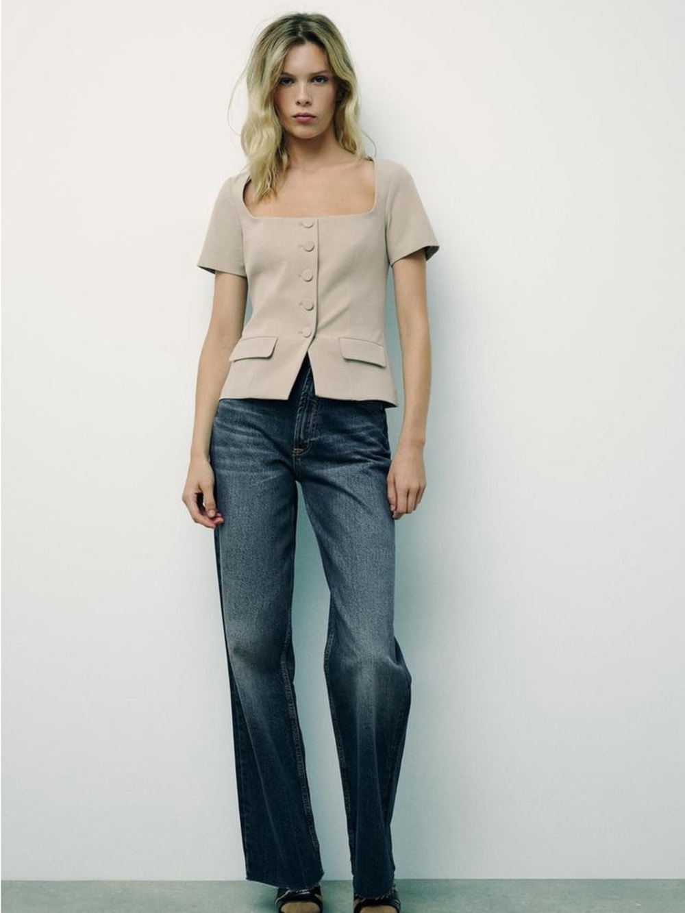 Zara Beige Square Neck Button Front Top